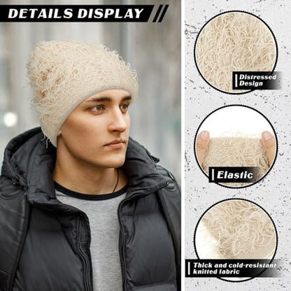 Chuarry Distressed Knitted Beanie Fuzzy Winter Hat - color: Assorted Apricot