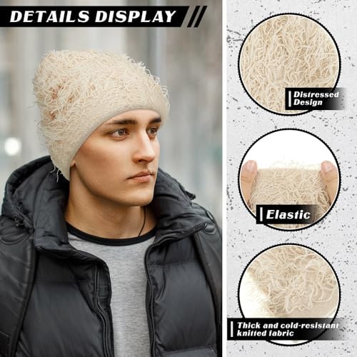 Chuarry Distressed Knitted Beanie Fuzzy Winter Hat - color: Assorted Apricot