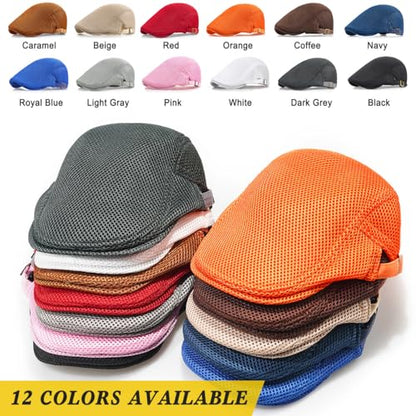 Xinveen Men's Mesh Cap Breathable Summer Newsboy Hat Adjustable Beret Ivy Cap Irish Cabbie Driving Hunting Hats - color: Coffee
