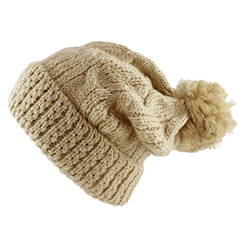 Morehats Thick Crochet Knit Pom Pom Beanie Winter Ski Hat - color: Beige