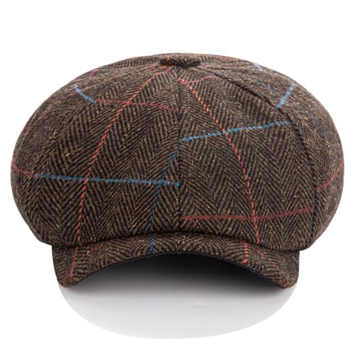 Men's Wool Newsboy Cap 8-Panel Tweed Taxi Hat Herringbone Gatsby Flat Hats - color: E-coffee
