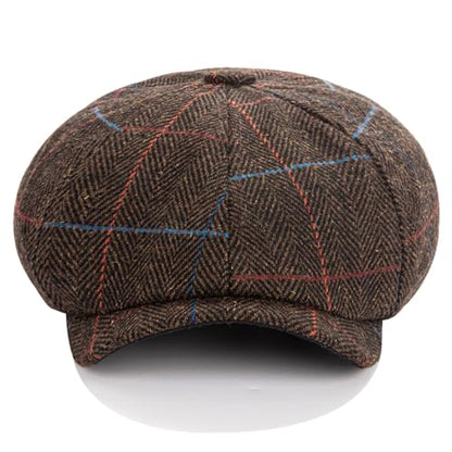 Men's Wool Newsboy Cap 8-Panel Tweed Taxi Hat Herringbone Gatsby Flat Hats - color: E-coffee