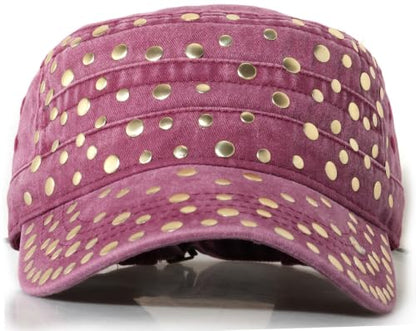 Studded Military Cap for Women Men Cadet Army Cap Flat Top Hat - color: Wine Red