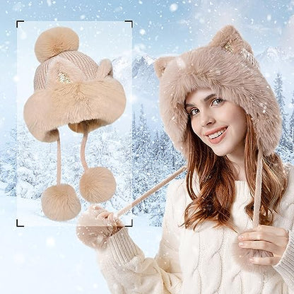 Fluffy Knit Beanie Hats for Women Winter Warm Fleece Lining Skull Cap Plush Faux Fur Pompom Earflaps Snow Hats - color: Beige - B