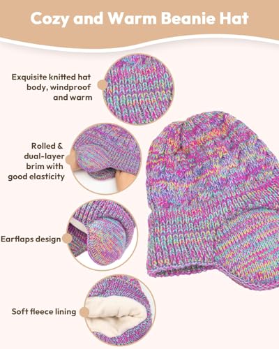 Kids Winter Hat Gloves Scarf Set,Toddler Girls Boys Beanie Hat with Earflaps,Knit Mittens & Neck Gaiter Warmer for Kids 4-12 - color: Watermelon Red Mix