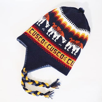 Alpaca Wool Blend Winter Hat Chullo Inca Peruvian Design Reversible with Earflaps. Beanie Medium Size. Unisex - color: Navy Blue/Steel Blue