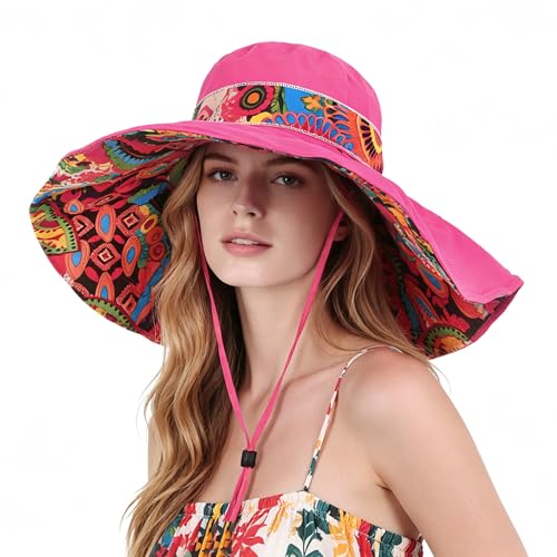 Women's Foldable Floppy Sun Hats Reversible Vacation Beach Cap Summer Wide Brim UPF 50+ Travel Fishing Bucket Hat - color: Rose Red