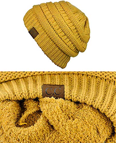 C.C Unisex Chunky Soft Stretch Cable Knit Warm Fuzzy Lined Skully Beanie - color: Mustard