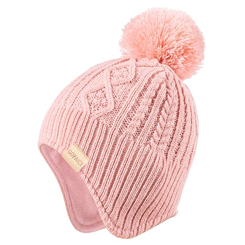 Kids Winter Beanie Hat and Scarf Set with Pom Pom for Girls, Children's Thick Ski Cap with Earflap Fleece Lined Hat 3-9 Years - color: Pink