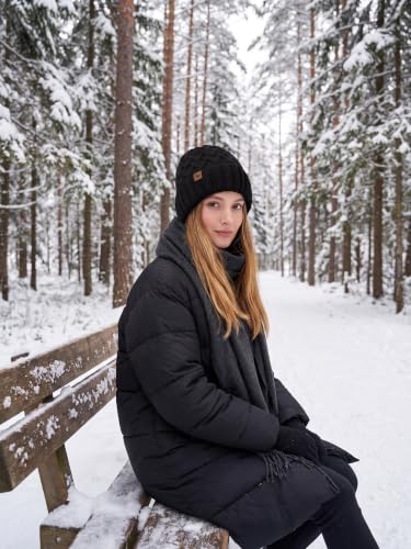 Winter Hats for Women Cable Knit Chunky Skull Cap Fleece Lined Thick Fold Cuff Beanie hat - color: Black, style: Pineapple