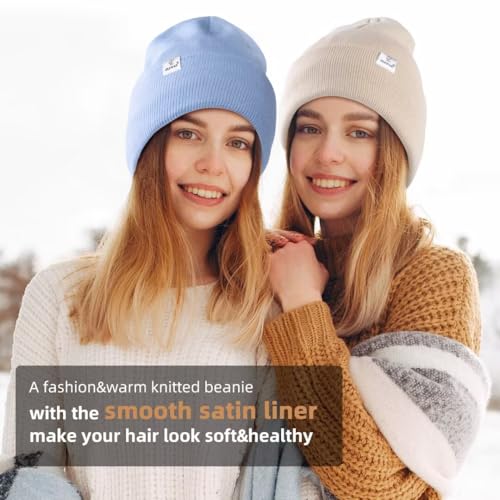 3 Pack Satin Lined Winter Beanie Hats for Women Men,Silk Lined Womens Beanies Knit Soft Warm Cuffed Hat - color: Black+caramel+olive Green