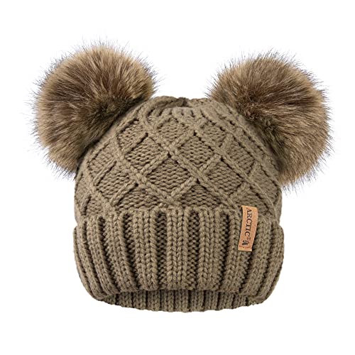 Arctic Paw Womens Winter Hat Cable Knit Beanie for Women Faux Fur Pompom Ears - color: Khaki Hat Coffee Ball