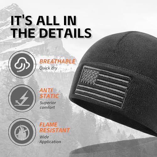 OUTDOOR SHAPING American Flag Fleece Beanie with Embroidered Patch Hat - color: Black+grey