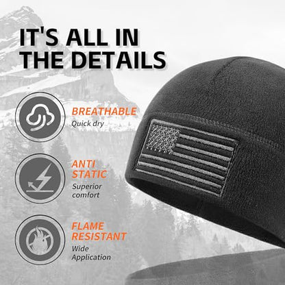 OUTDOOR SHAPING American Flag Fleece Beanie with Embroidered Patch Hat - color: Black+grey