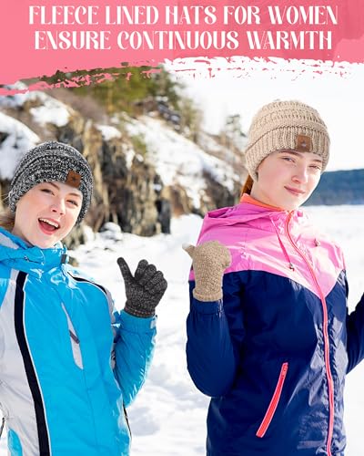 JaGely 8 Pieces Women Winter Hats and Gloves Set Women Warm Touchscreen Knitted Lined Gloves Winter Beanies - color: Black, Mixed Khaki