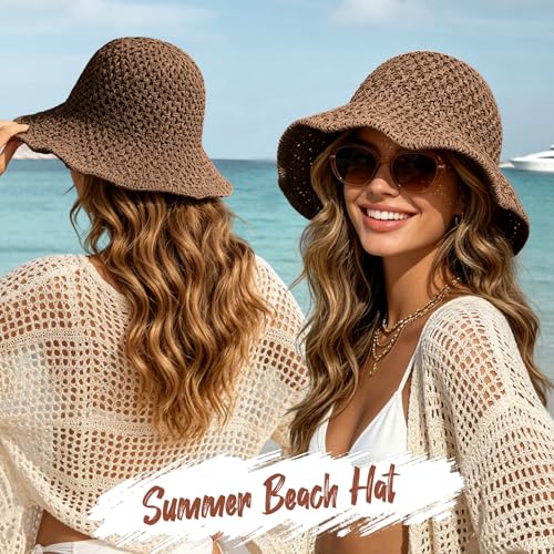 Sun Hat for Women Summer Straw Beach Hats Bucket Hat Floppy Crochet Hat - color: Coffee