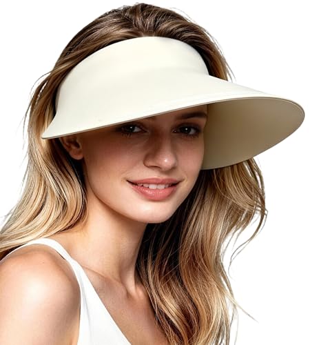 Women's Seamless Sun Visor Hat, Extra-Wide Brim, Ponytail & Bun Friendly - color: Off-white02