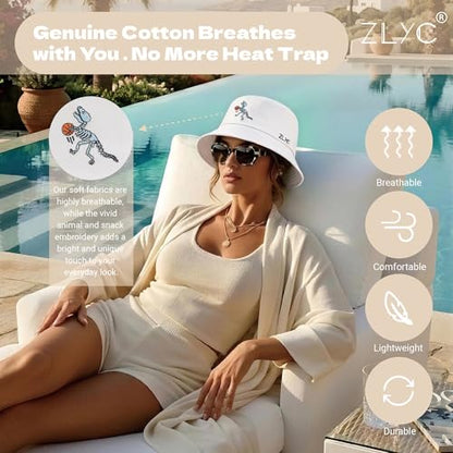 ZLYC Cotton Bucket Hat for Women Men Embroidered Packable Summer Sun Cap - color: Dinosaur Skeleton White