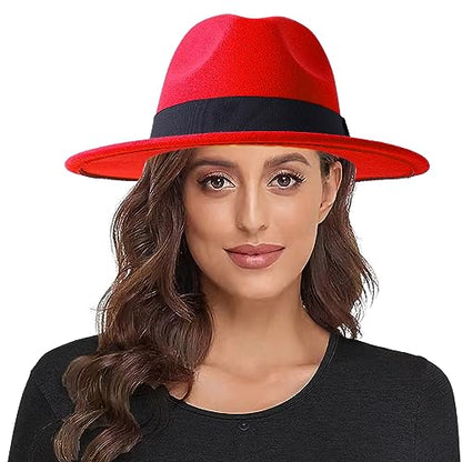 Lanzom Classic Fedora Hats for Women Lady Wide Brim Felt Panama Hat with Belt Buckle - color: Red