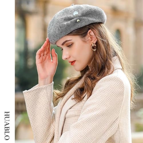 huablo French Berets Hat Premium Cashmere Beret Pearl Decorative Elegant Church Wool Hat for Women Solid Artist Hat - color: Grey