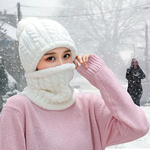 HUAMULAN Women Winter Knit Beanie Hats One Piece Fleece Lined Balaclavas - color: Cream White