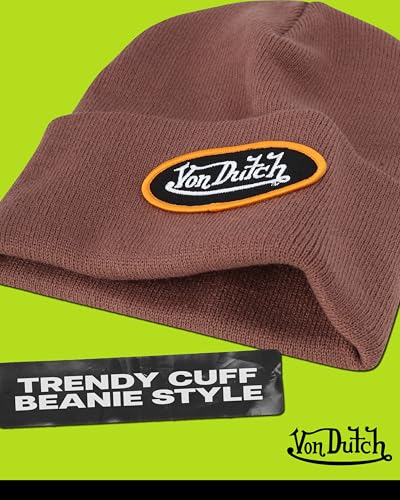 Von Dutch Unisex Cuffed Knit Skull Cap Beanie, Embroidered Logo - color: Sepia Stone