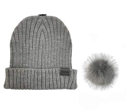 Women's Slouchy Winter Beanie Hat with Removable Faux Fur Pom - color: Light Grey/Light Grey Pom