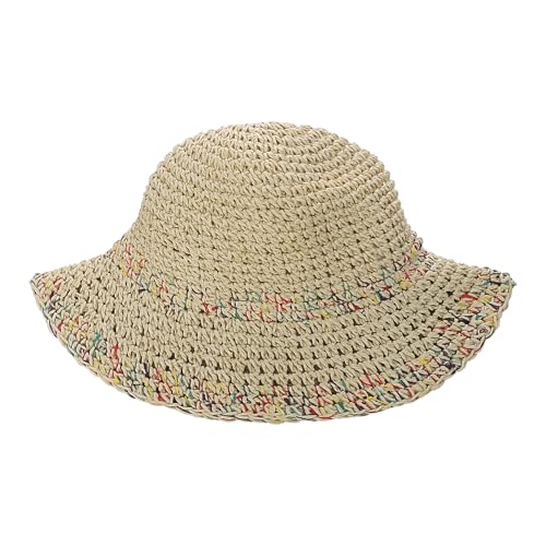 Womens Little Girls Summer Crochet Straw Bucket Hat Colorful Floppy Sun Shade Boonie Cap Wide Brim Beach Vacation Sun Hat - color: Beige, size: 2-5T