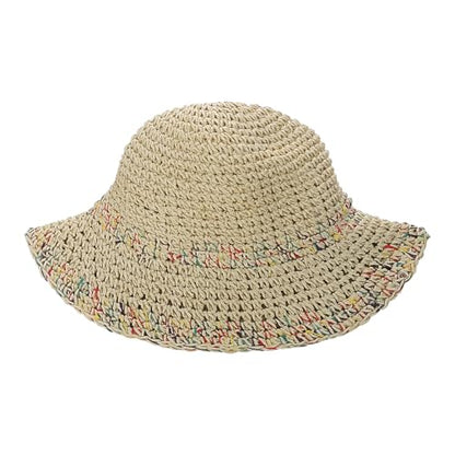 Womens Little Girls Summer Crochet Straw Bucket Hat Colorful Floppy Sun Shade Boonie Cap Wide Brim Beach Vacation Sun Hat - color: Beige, size: 2-5T