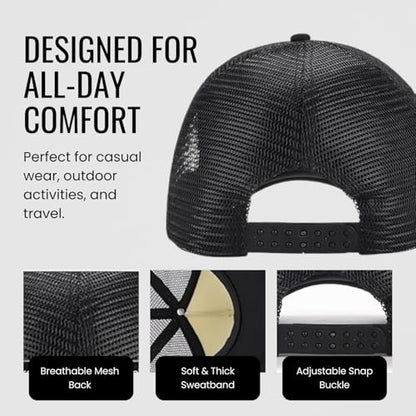 Trucker Hat for Men & Women, Mesh Back Baseball Cap, Adjustable Snapback, Breathable Lightweight Black Cap - color: Black (Pack of 1)