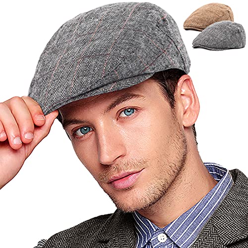 2-Pack Adjustable Newsboy Hats for Men Flat Cap Irish Wool Blend Tweed - color: Plaid Brown+grey 2pack, size: Large-X-Large