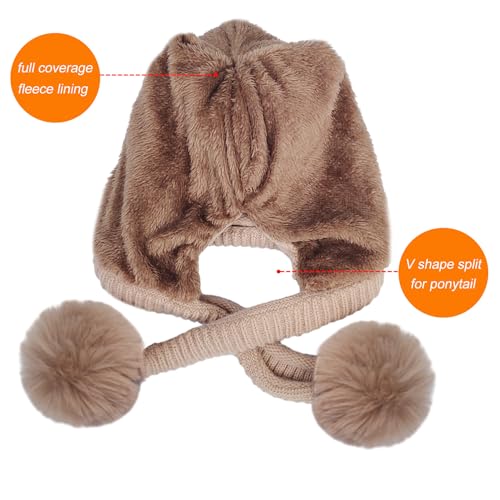 HUAMULAN Women Winter Knit Beanie Hat Circle Scarf Set Pompoms Ear Flaps - color: Khaki Solid