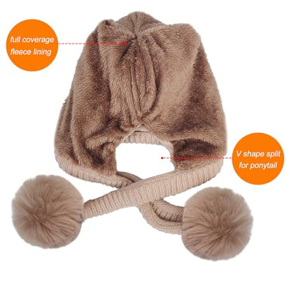 HUAMULAN Women Winter Knit Beanie Hat Circle Scarf Set Pompoms Ear Flaps - color: Khaki Solid