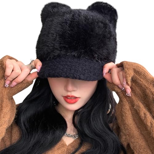 Cat Ears Fleece Lined Brimmed Beanie Hats Winter Golf Cap Brim Bill Visor Women - color: Black