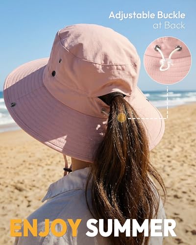 Women Sun Hat with Ponytail Hole Wide Brim Bucket Sun Protection for Summer - color: Pink