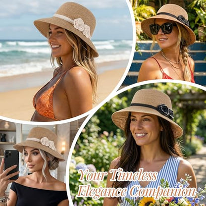 Ababalaya Elegant Straw Sun Hat with Handmade Crochet Flowers - color: Beige