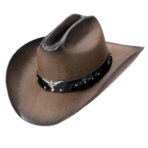Straw Cowboy Hat for Men and Women Cowgirl Cowboys Cowgirls Woven Crease for Western Gift Gifts - color: Brown Ox Hats Straw