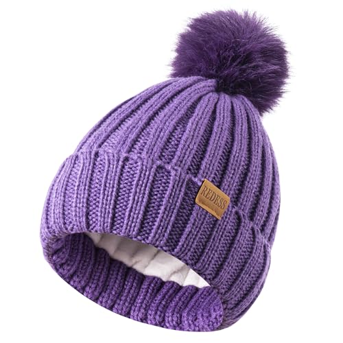 REDESS Womens Winter Knitted Beanie Hat Warm Fleece Lined with Pompom Cap Thick Slouchy Snow Knit Skull Ski Cap - color: Purple