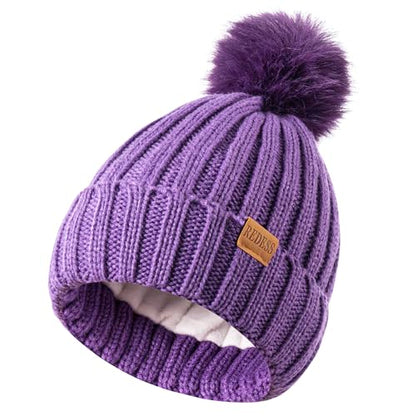 REDESS Womens Winter Knitted Beanie Hat Warm Fleece Lined with Pompom Cap Thick Slouchy Snow Knit Skull Ski Cap - color: Purple