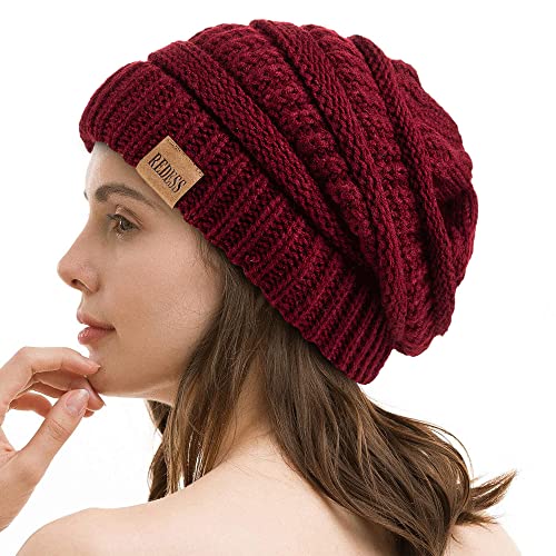 REDESS Slouchy Beanie Hat for Men and Women Winter Warm Knit Hat Chunky Soft Oversized Cable Cap - color: B3 Wine Red