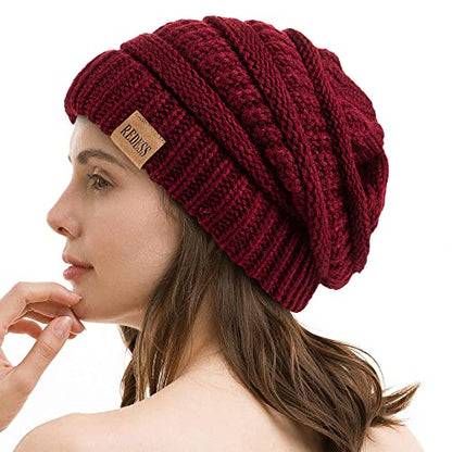 REDESS Slouchy Beanie Hat for Men and Women Winter Warm Knit Hat Chunky Soft Oversized Cable Cap - color: B3 Wine Red