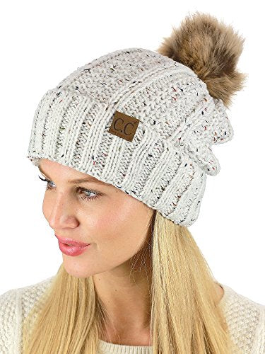 C.C Thick Cable Knit Faux Fuzzy Fur Pom Fleece Lined Skull Cap Cuff Beanie - color: Confetti Ivory