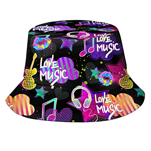 Bucket Hat Sun Beach Packable Fisherman Cap for Women Men Summer Outdoor Hiking - color: Cute Neon Music