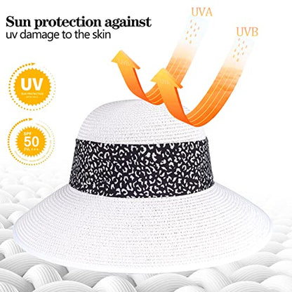 Womens Straw Sun Hat Summer Beach Wide Brim UV Protection Hats with Chin Strap Floppy Foldable Cute Bowknot UPF 50 Cap - color: Leopard White