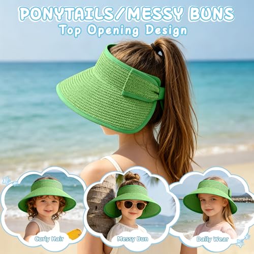 Girls Sun Visor Hat with Ponytail Hole Wide Brim Beach Straw Visor UPF 50+ - color: 1pack-grass Green