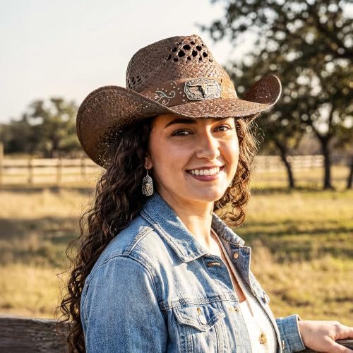 Keilin Cowboy Hats for Women and Men - Straw Teardrop Western Cowgirl Cowboy Sun Hat for Teens and Adults - color: Brown Studs Longhorn Skull