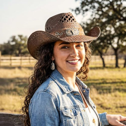 Keilin Cowboy Hats for Women and Men - Straw Teardrop Western Cowgirl Cowboy Sun Hat for Teens and Adults - color: Brown Studs Longhorn Skull