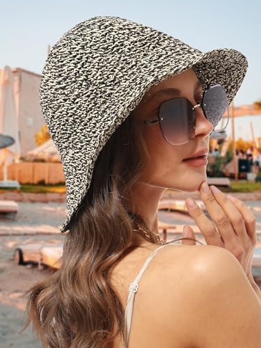 Womens Sun Hat Handmade Crochet Straw Bucket for Summer Foldable Travel Cap - color: Beige & Black