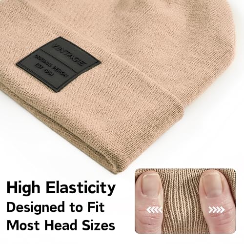 VINTAGE HAVANA Beanie for Women & Men | Thick Cuffed Knitted Winter Hat Beanies Unisex Skull Caps| Vintage Logo Patch - color: Khaki