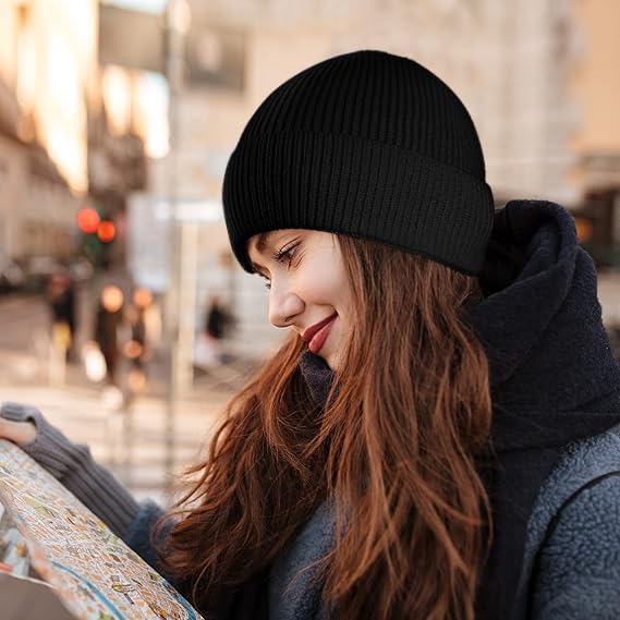Beanie for Men Women Cuffed Thick Knitted Skull Cap Unisex Winter Hat - color: Black